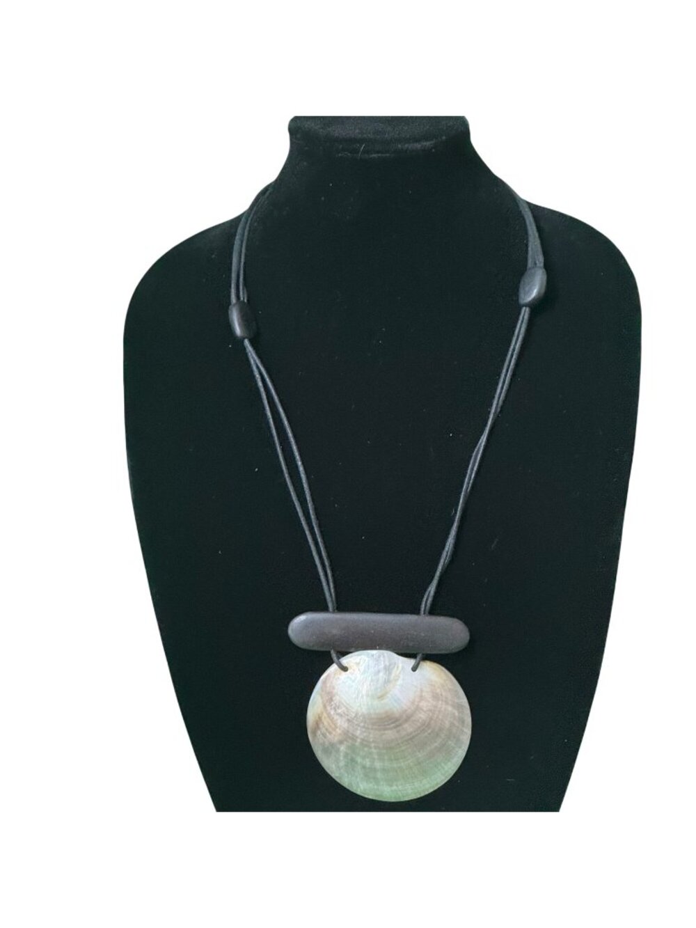 Black Cord Necklace With Abalone Shell Pendant & Wooden Accent For Women